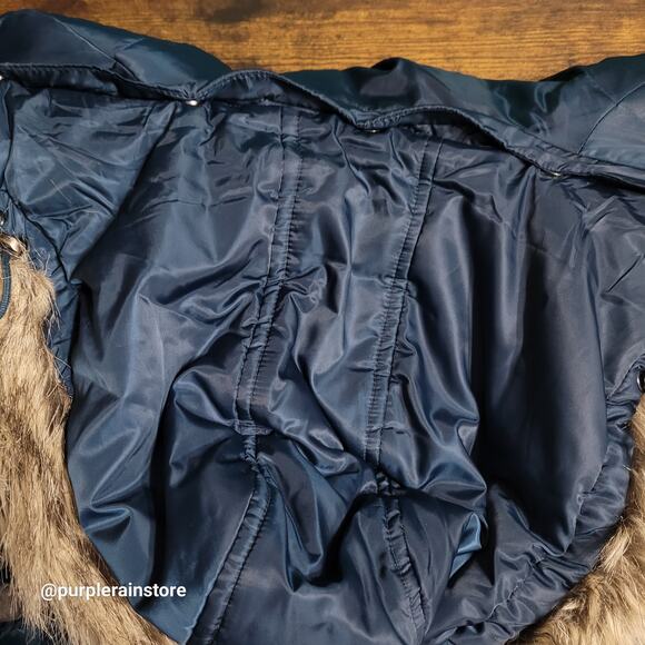 Jones New York Down Quilted Puffer Parka XL Faux Fur Blue Preppy Outdoor Winter - Picture 3 of 16